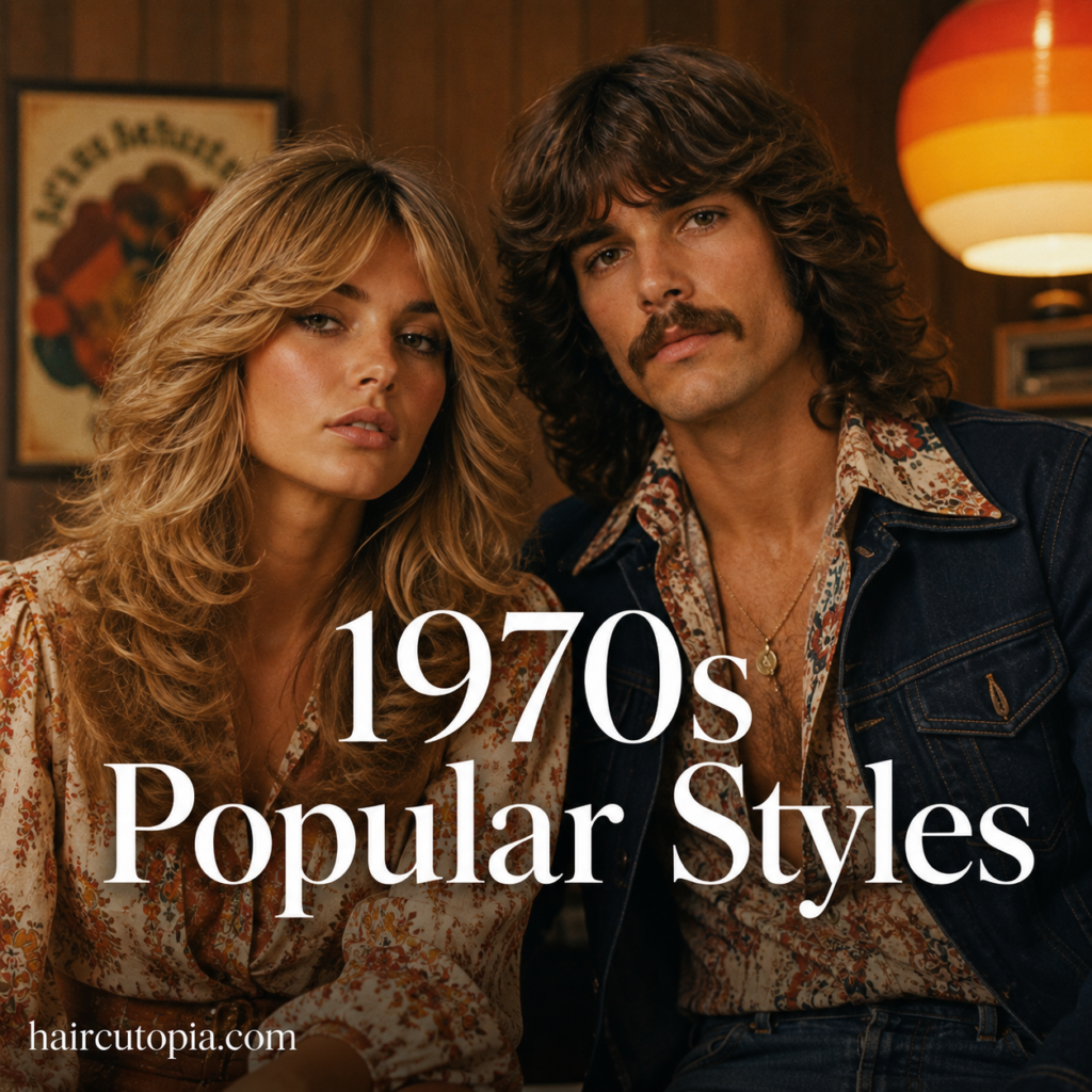 Man and woman showcasing popular 1970s hairstyles with feathered layers, shag hair, and vintage-inspired fashion.