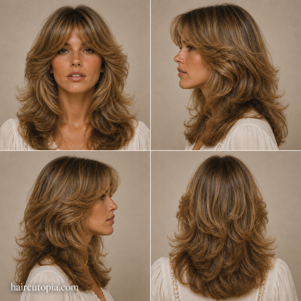 Front, left, right, and back views of a classic 1970s women's feathered layered hairstyle with soft volume and curtain bangs.