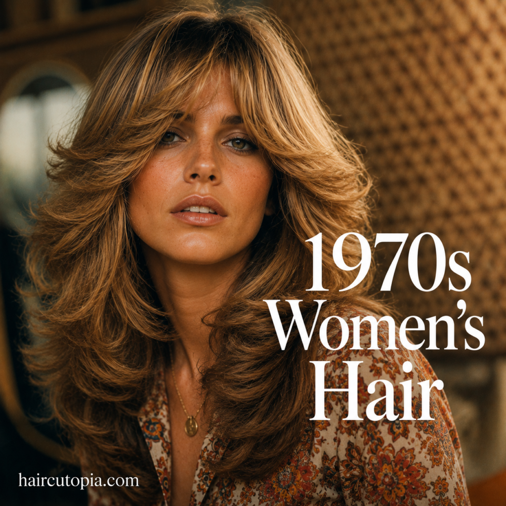 Woman with voluminous feathered 1970s hair, soft layers, and vintage-inspired fashion.