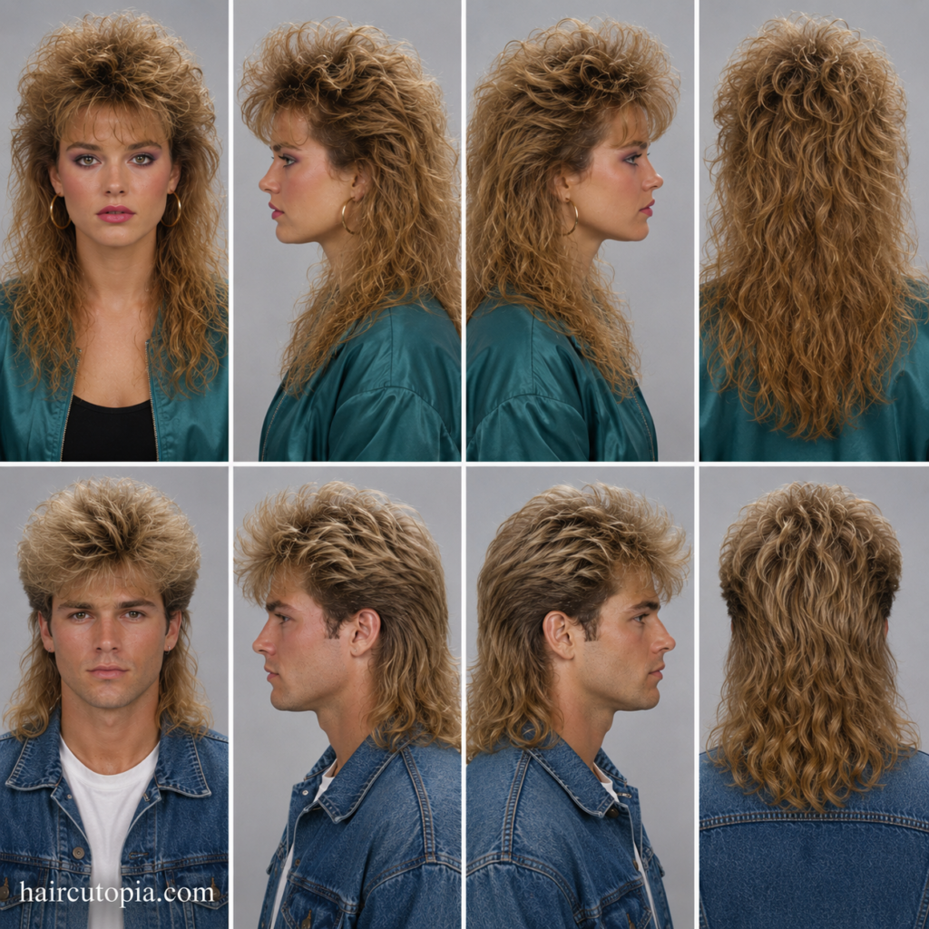 Front, left, right, and back views of a woman and man showcasing iconic 1980s hair trends with voluminous curls, feathered layers, and a classic mullet.