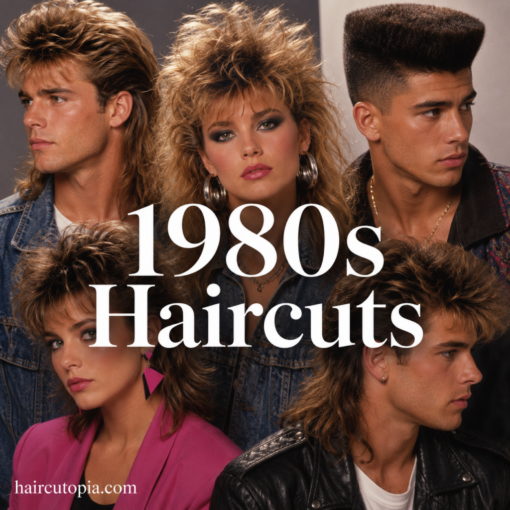 Collage of men and women showcasing iconic 1980s haircuts including a mullet, feathered layers, shag haircut, high-top fade, and textured layered cuts.