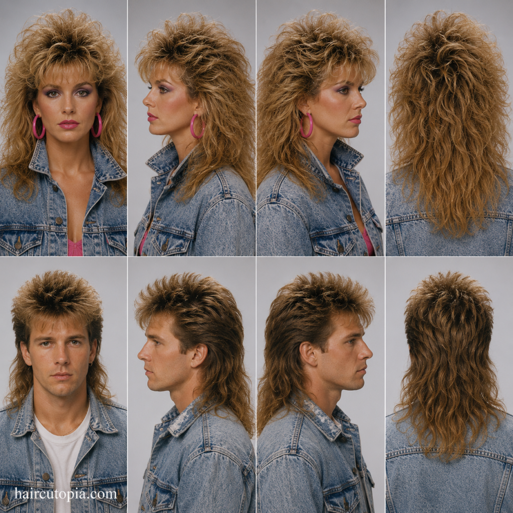 Front, left, right, and back views of 1980s hairstyles featuring a woman with voluminous teased curls and a man with a classic layered mullet.