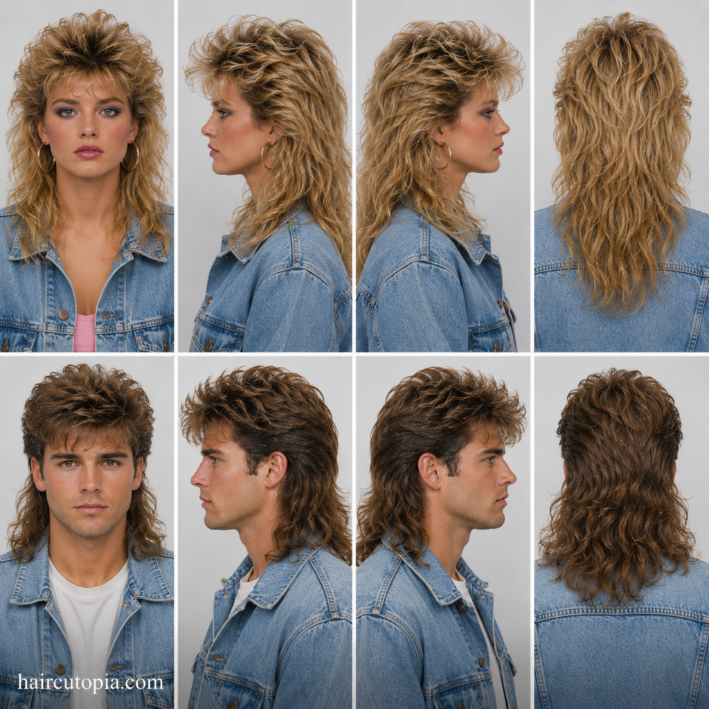 Front, left, right, and back views of a woman and man with classic 1980s haircuts, including feathered layers and mullet-inspired cuts.