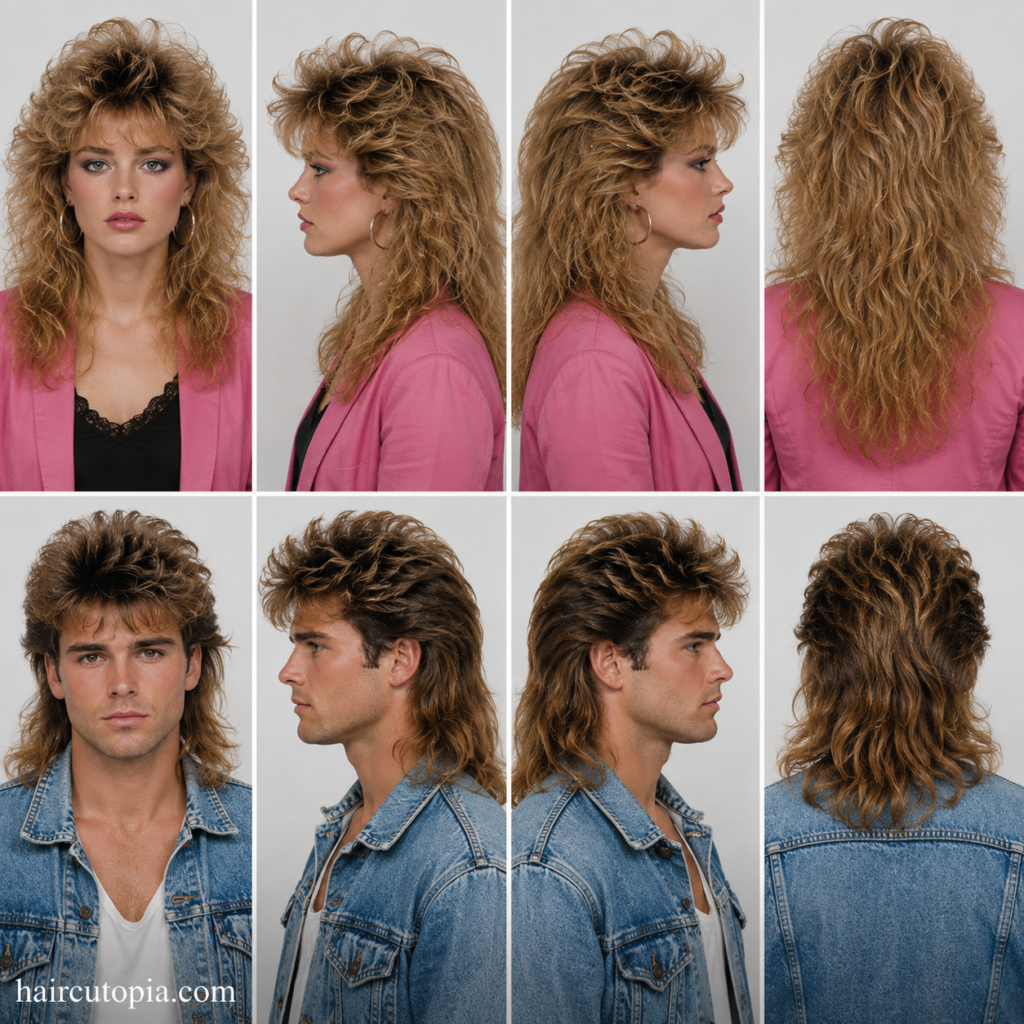 Front, left, right, and back views of a man and woman with iconic 1980s hairstyles, showcasing classic feathered layers, voluminous curls, and a mullet.