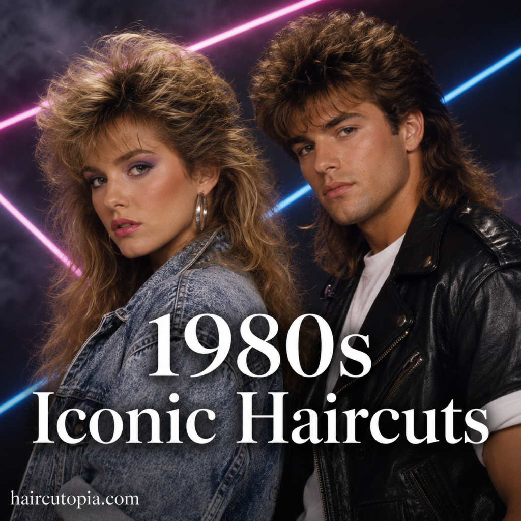 Man and woman showcasing iconic 1980s haircuts, including feathered layers and a classic mullet, in a retro neon editorial setting.