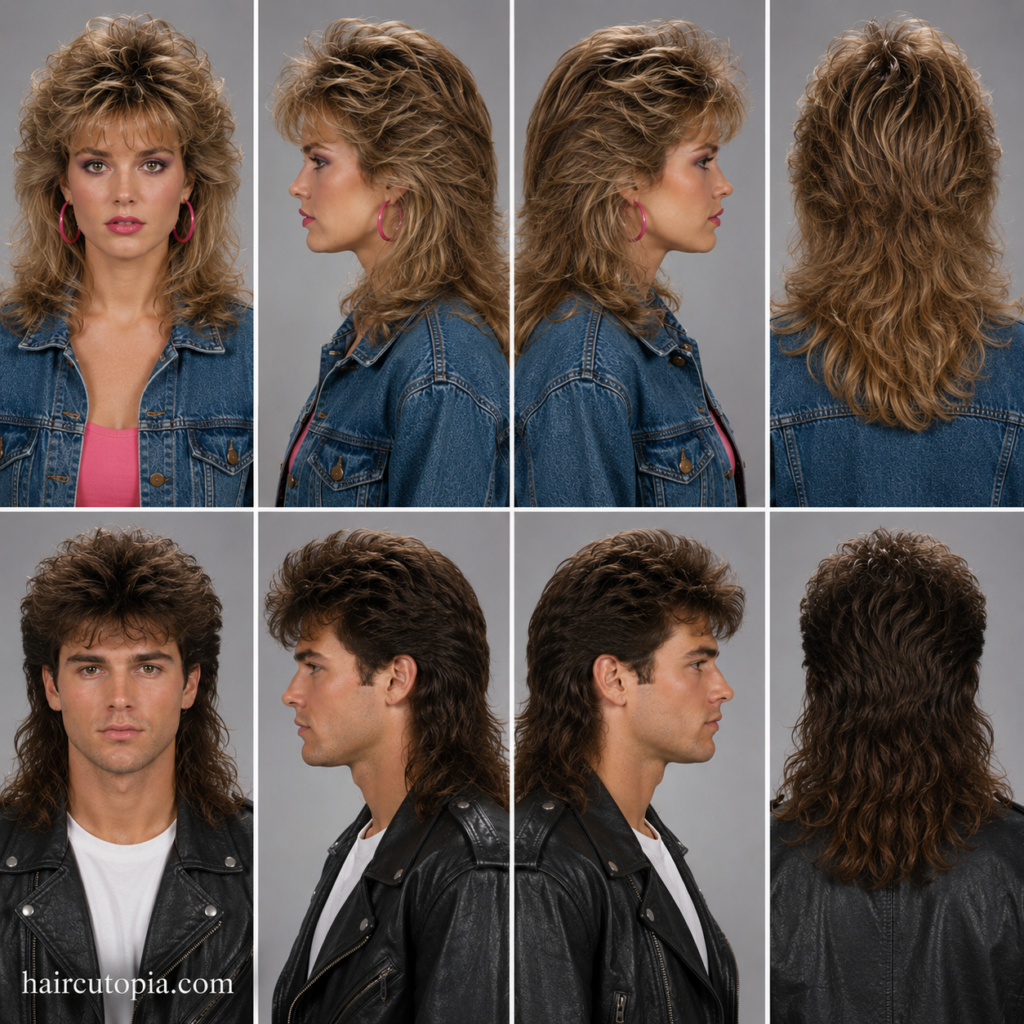 Front, left, right, and back views of a woman and man with iconic 1980s haircuts, featuring feathered layers, a classic mullet, and bold layered silhouettes.