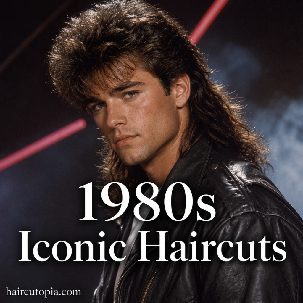 Man with an iconic 1980s mullet hairstyle wearing a leather jacket in a retro neon editorial portrait.