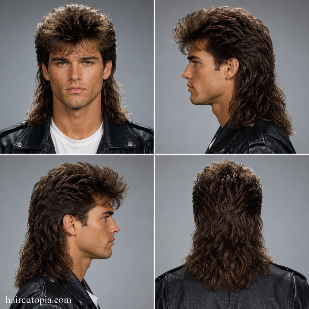 Front, left, right, and back views of a man with an iconic 1980s mullet hairstyle, showcasing layered volume and classic retro styling.