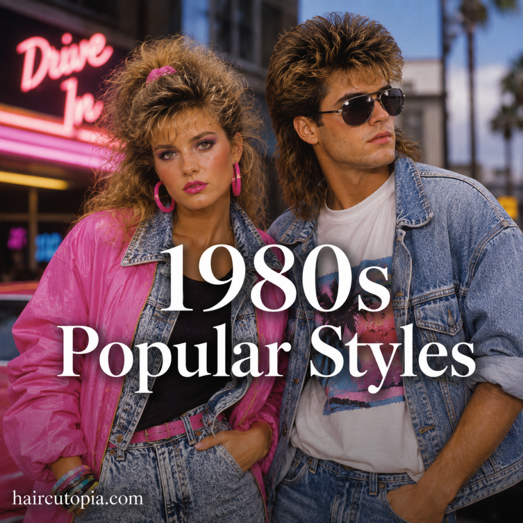 Man and woman wearing iconic 1980s fashion with oversized denim, neon clothing, bold hairstyles, and retro accessories.