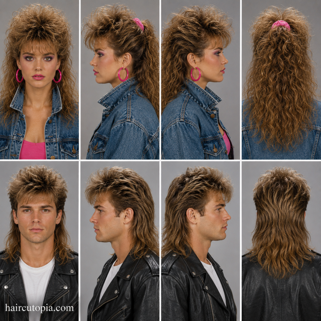 Front, left, right, and back views of a woman and man showcasing iconic 1980s popular styles with big hair, denim, leather jackets, and retro fashion.