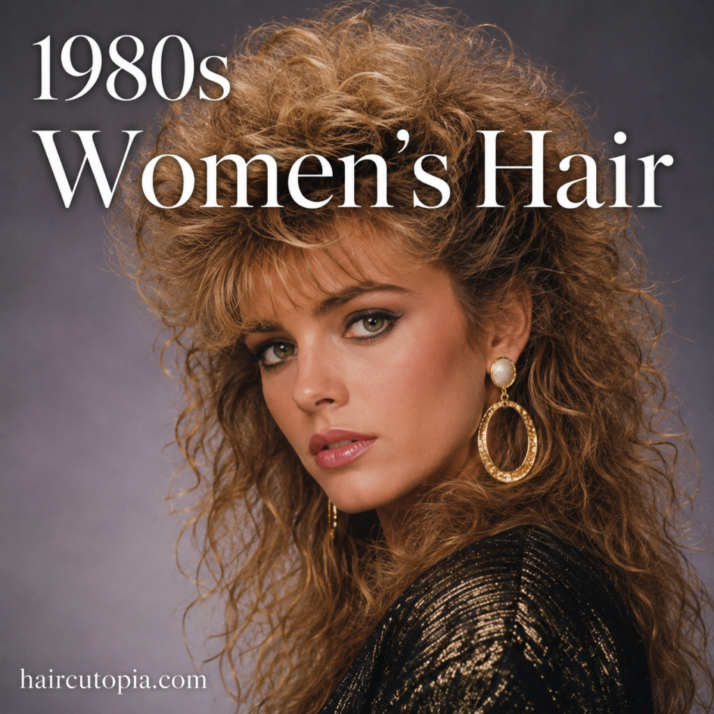 Woman with voluminous feathered 1980s hairstyle, bold makeup, and retro fashion in an editorial studio portrait.