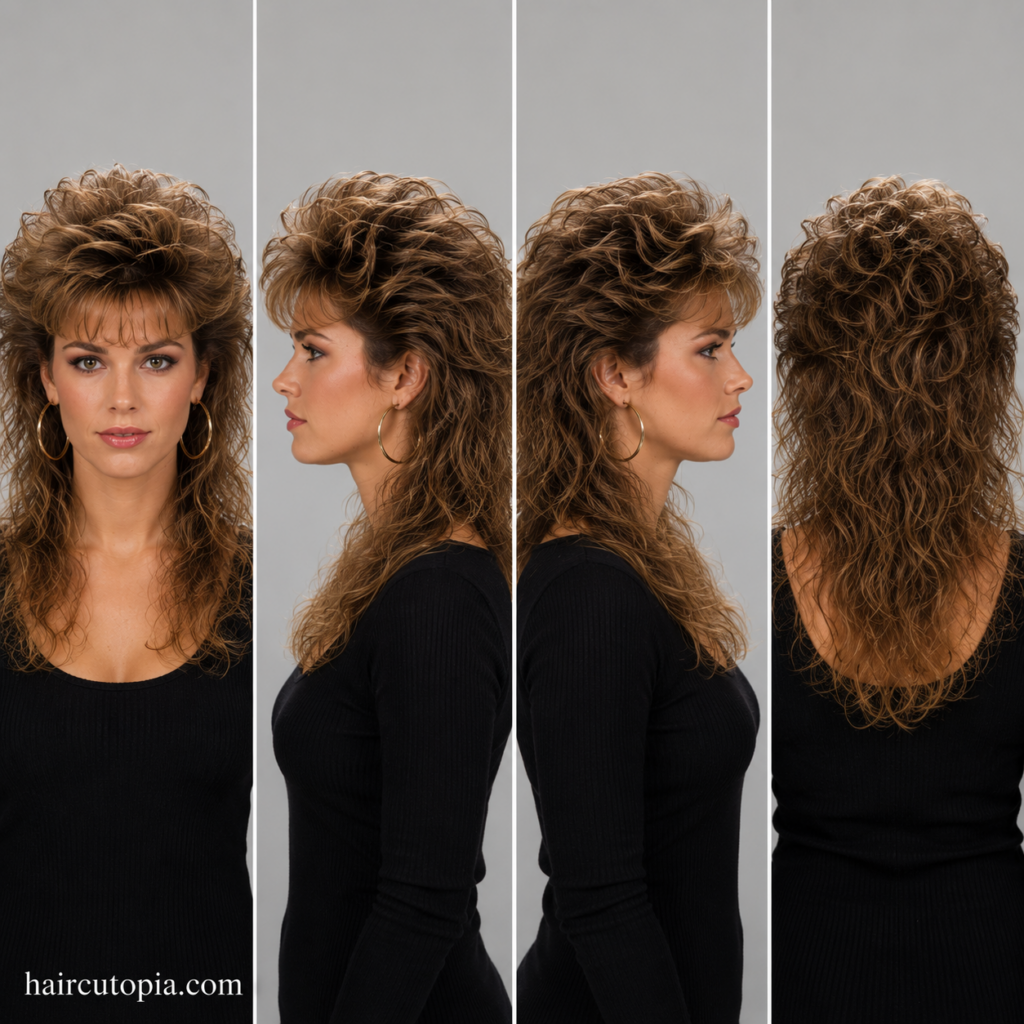 Front, left, right, and back views of a woman with a classic 1980s hairstyle featuring feathered layers, voluminous curls, and a lifted crown.