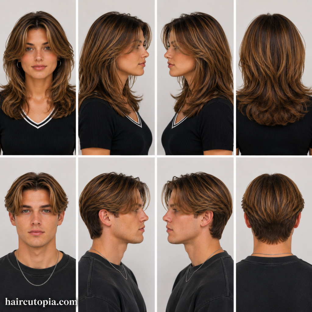 Front, left, right, and back views of iconic 1990s hair trends for a woman and man featuring layered hairstyles, curtain styles, and classic 90s looks.