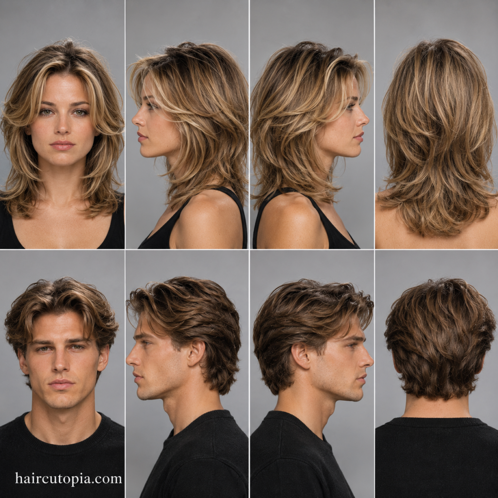 Front, left, right, and back views of 1990s hairstyles featuring a woman with layered face-framing hair and a man with a classic curtain haircut.