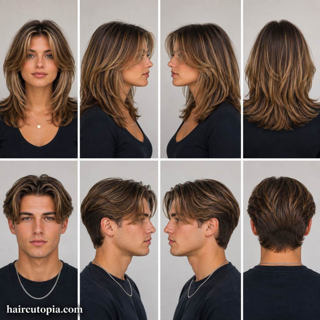 Front, left, right, and back views of classic 1990s haircuts for a woman and man featuring layered hair, curtain styles, and iconic 90s cuts.