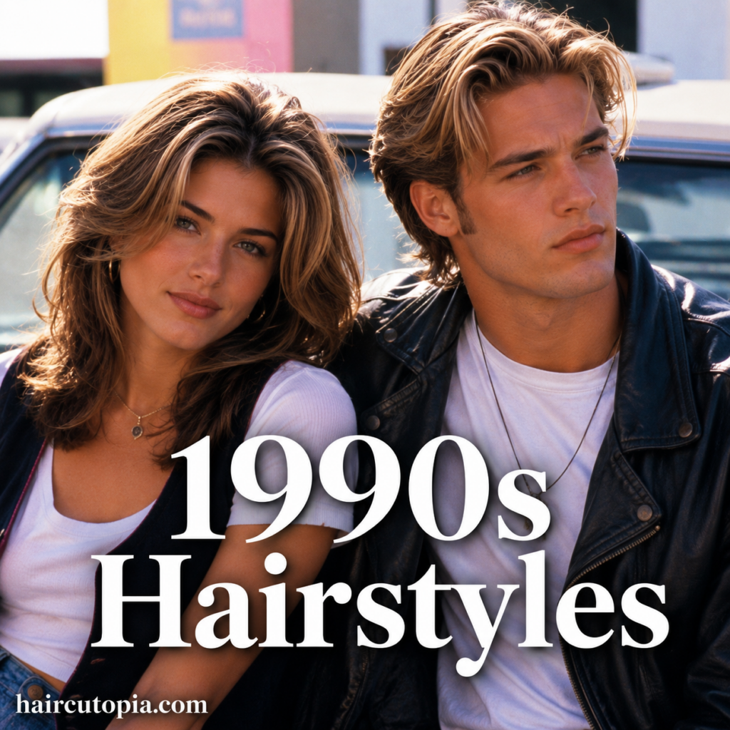 Classic 1990s hairstyles for a man and woman featuring layered cuts, curtain styling, and signature 90s-inspired looks.