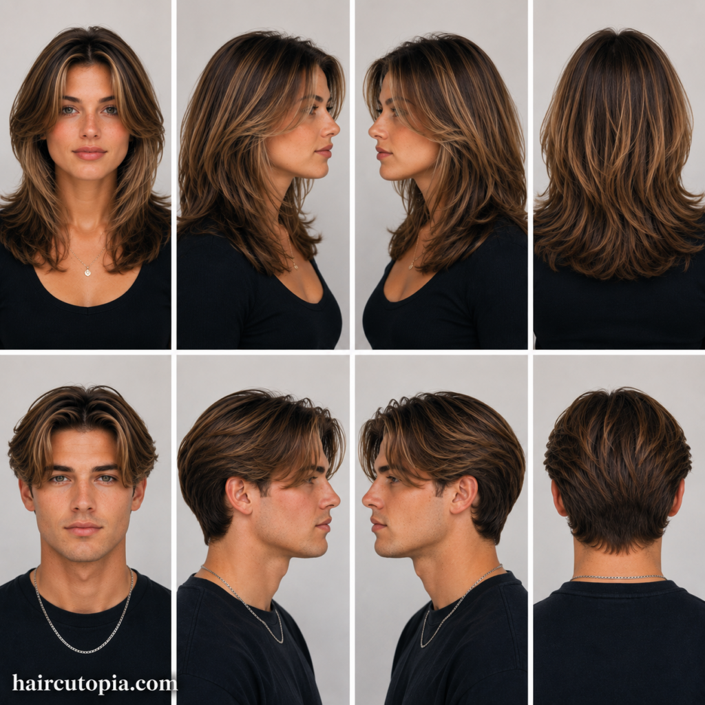 Front, left, right, and back views of classic 1990s hairstyles for a woman and man featuring layered hair, curtain styles, and iconic 90s looks.