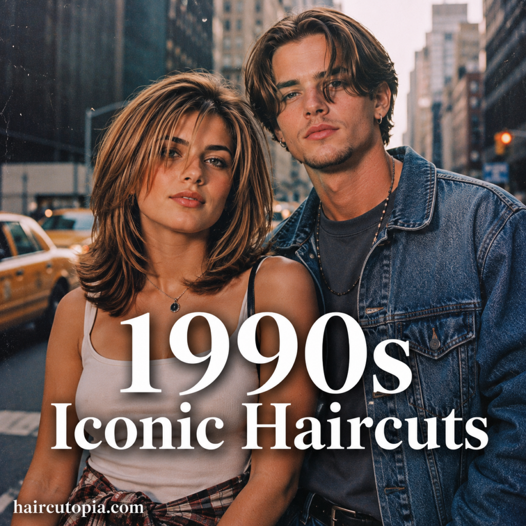 Man and woman with iconic 1990s haircuts featuring layered styles, curtain hair, and classic 90s fashion.