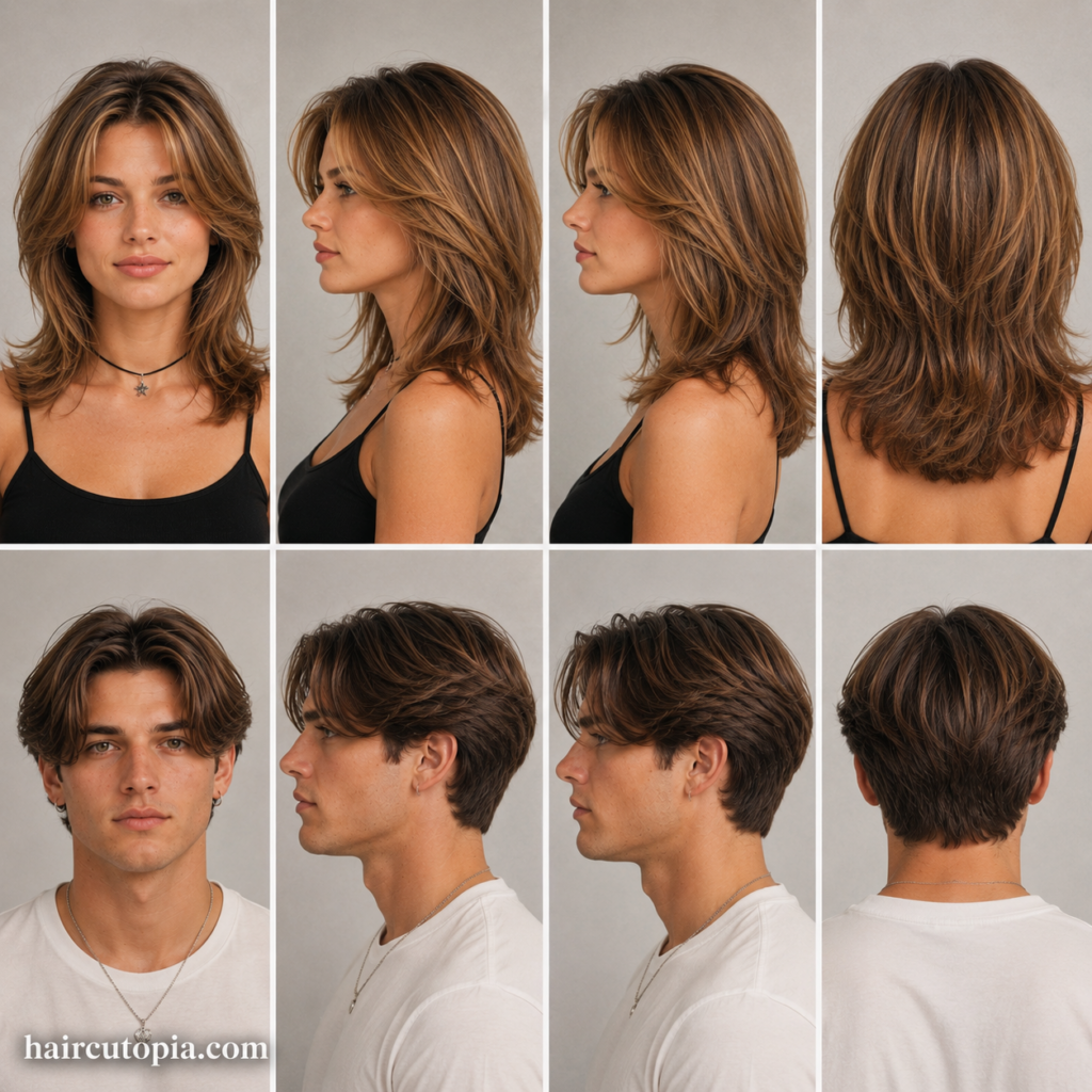 Front, left, right, and back views of iconic 1990s haircuts for a woman and man featuring layered cuts, curtain hairstyles, and timeless 90s styling.