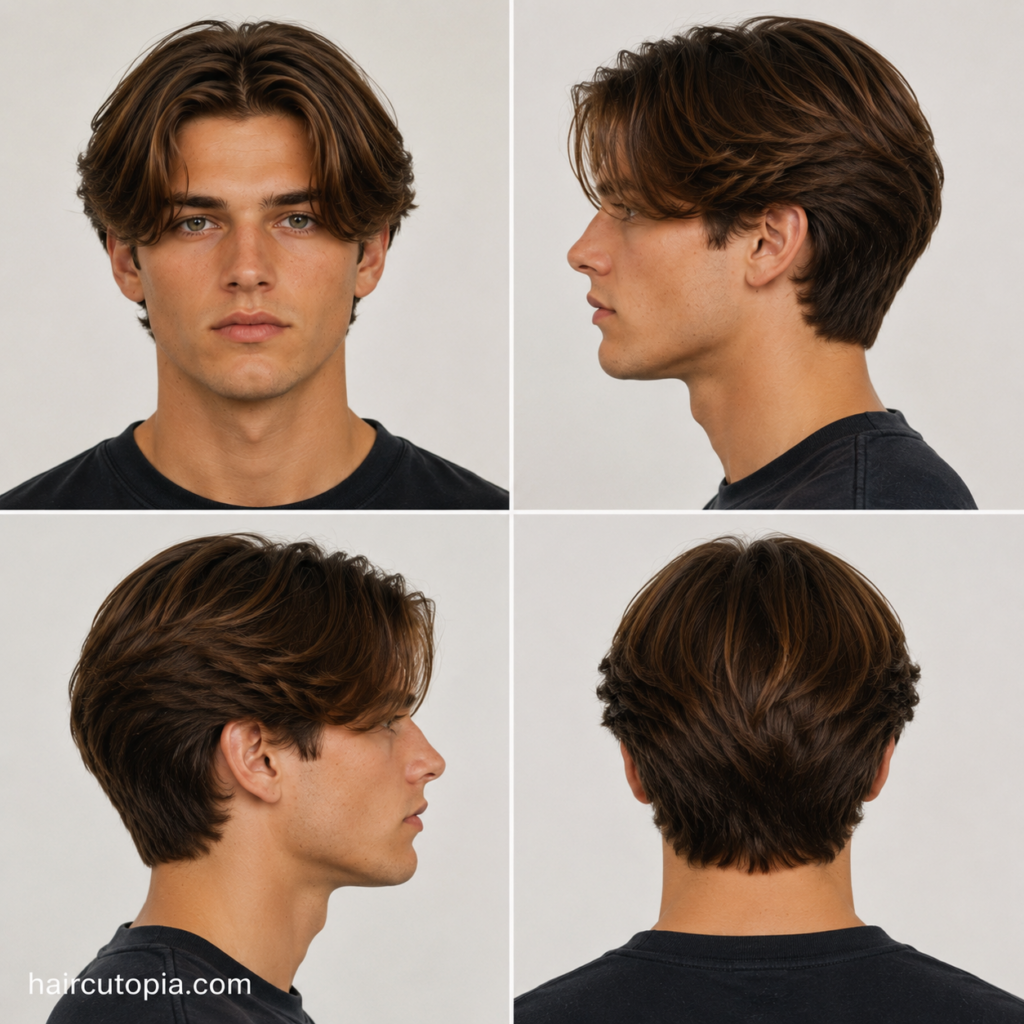 Front, left, right, and back views of a classic 1990s men's hairstyle featuring a layered curtain haircut with natural texture.