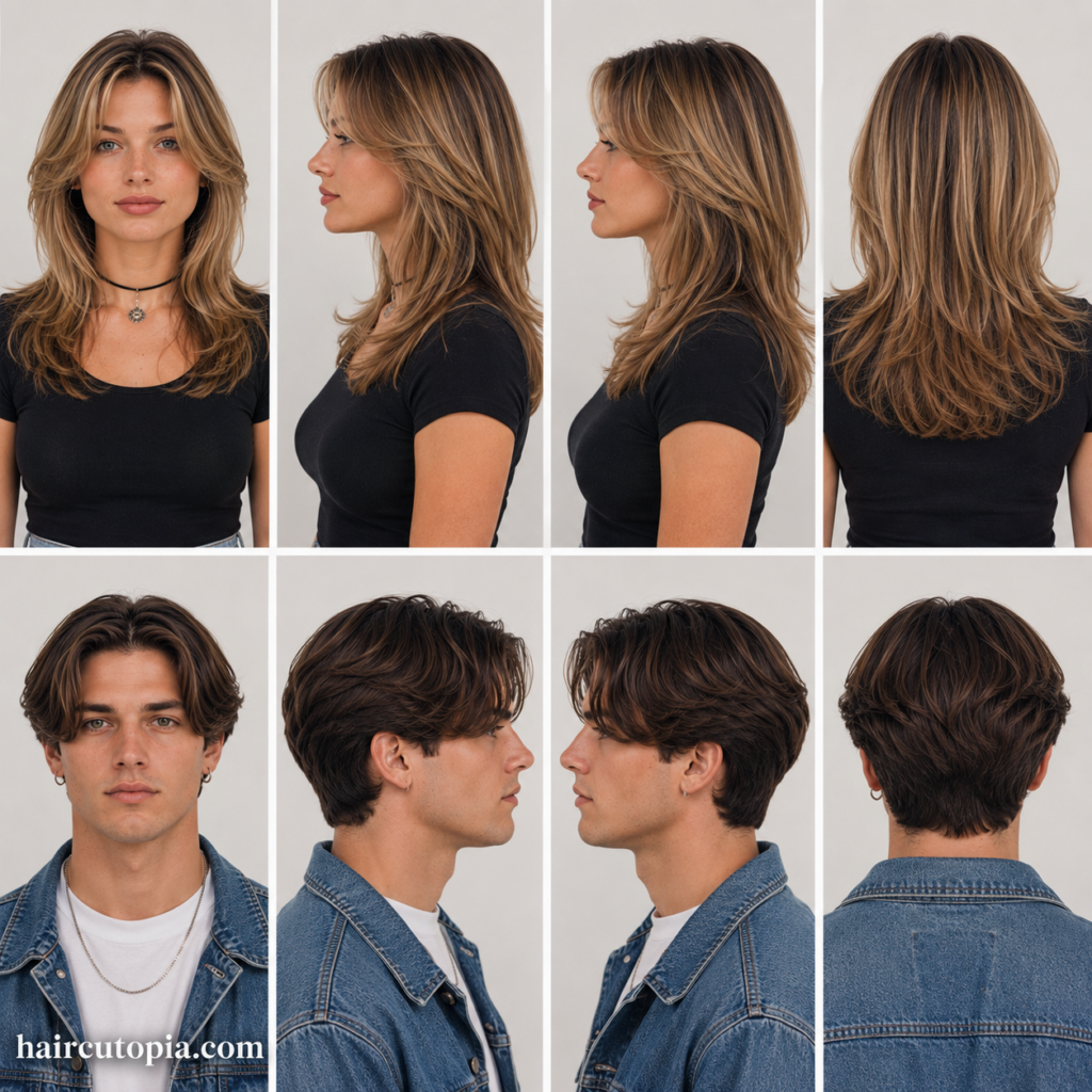 Front, left, right, and back views of classic 1990s popular styles for a woman and man featuring layered hairstyles, curtain styles, and iconic 90s fashion.