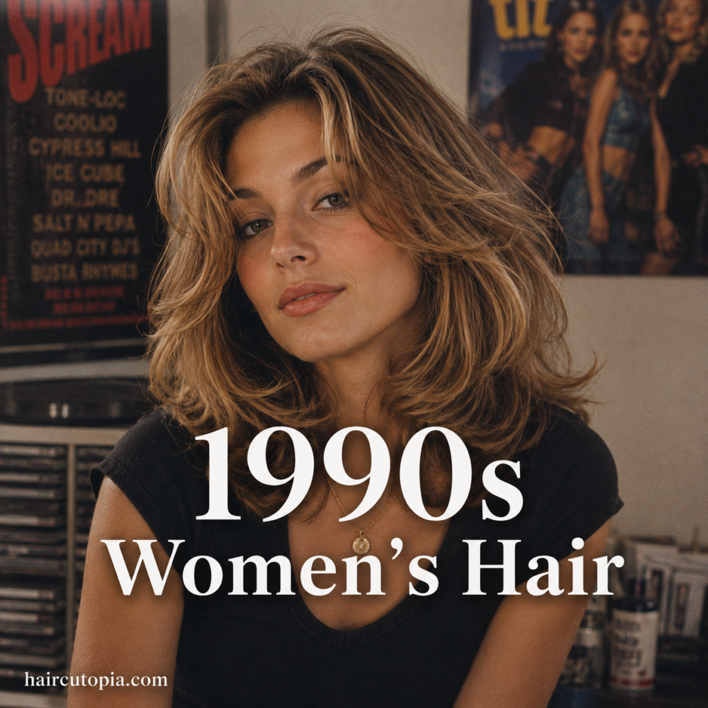 Woman with an iconic 1990s layered hairstyle featuring soft volume, face-framing layers, and classic 90s styling.