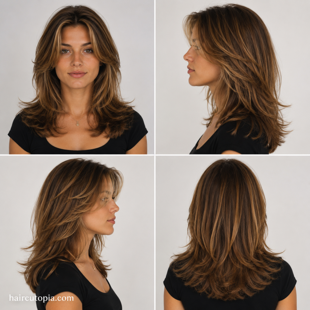 Front, left, right, and back views of a classic 1990s women's layered hairstyle featuring soft volume, face-framing layers, and natural movement.