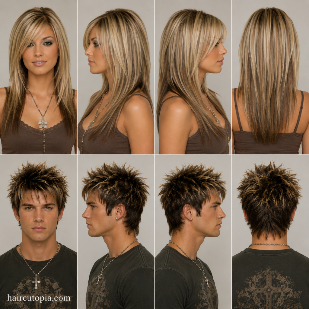 Front, left, right, and back views of a woman and man showcasing iconic 2000s hair trends with chunky highlights, layered hair, side-swept bangs, and textured Y2K styling.