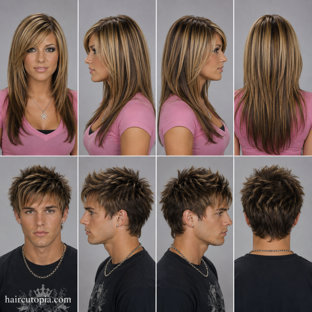 Front, left, right, and back views of 2000s hairstyles featuring a woman with long highlighted layers and a man with a textured spiky haircut.