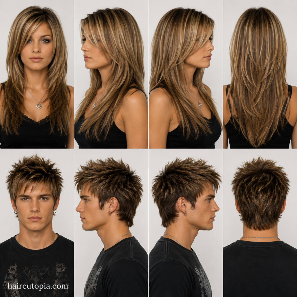 Front, left, right, and back views of a woman and man with iconic 2000s haircuts featuring layered hair, side-swept bangs, and textured Y2K styles.