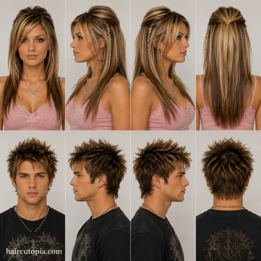 Front, left, right, and back views of a woman and man showcasing iconic 2000s hairstyles with layered hair, chunky highlights, side-swept styling, and textured Y2K looks.