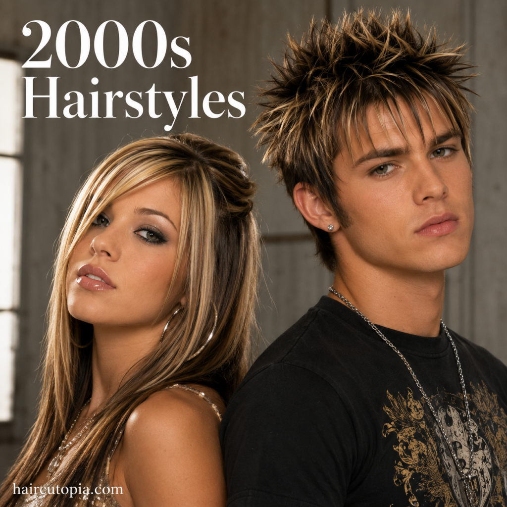 Man and woman showcasing iconic 2000s hairstyles with layered hair, chunky highlights, spiky texture, and signature Y2K styling.
