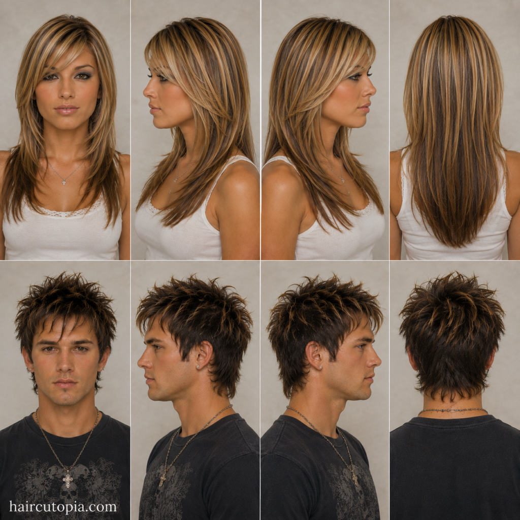 Front, left, right, and back views of a woman and man showcasing iconic 2000s haircuts with layered hairstyles, side-swept bangs, chunky highlights, and textured Y2K-inspired cuts.