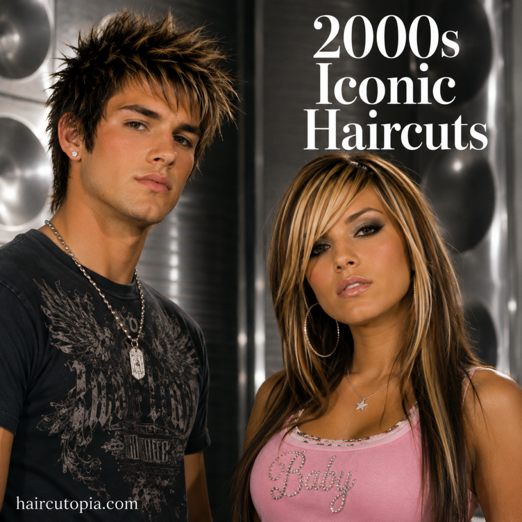 Man and woman showcasing iconic 2000s haircuts with layered hairstyles, side-swept bangs, chunky highlights, and classic Y2K-inspired looks.