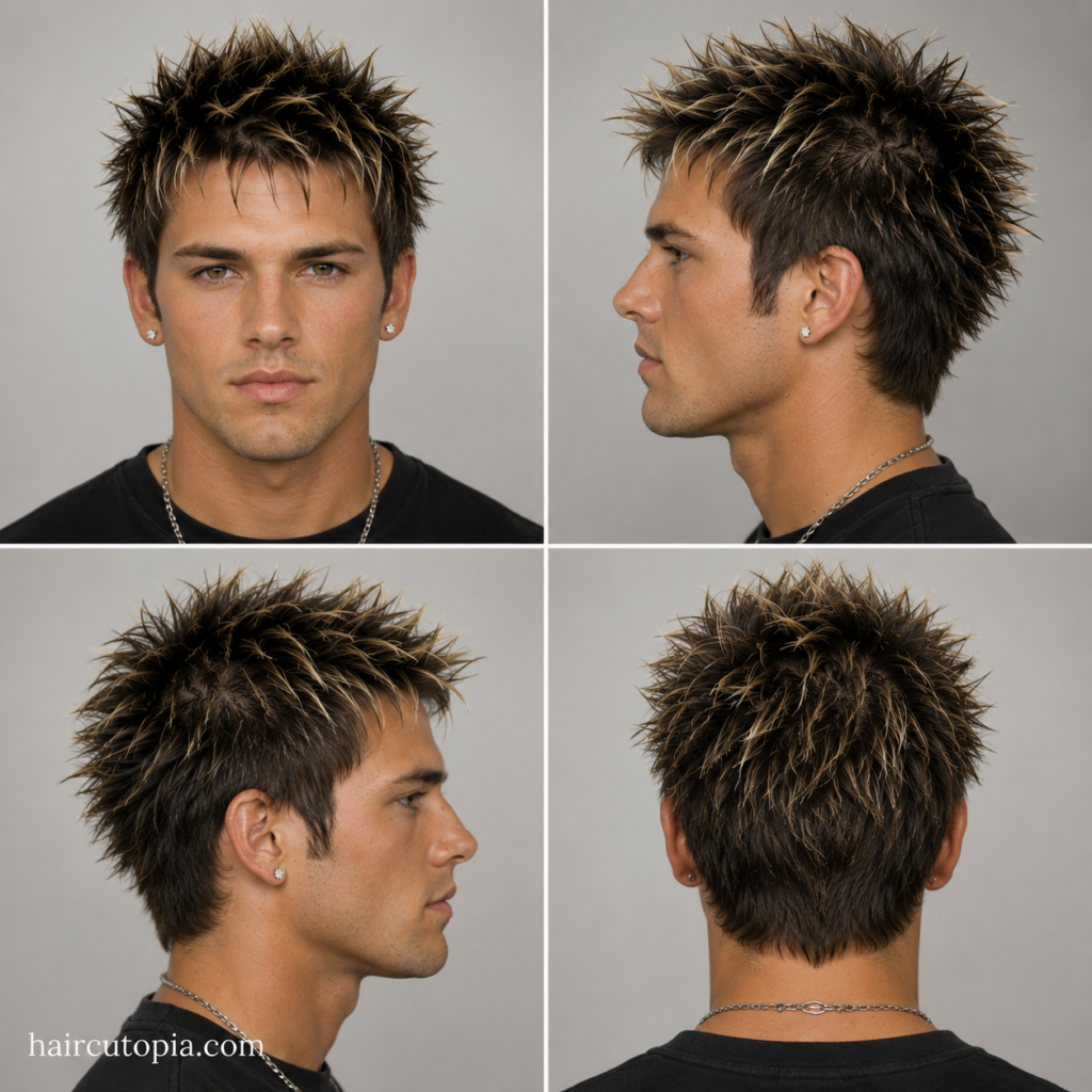 Front, left, right, and back views of a man with iconic 2000s men's hair featuring frosted tips, textured spikes, and a classic Y2K hairstyle.