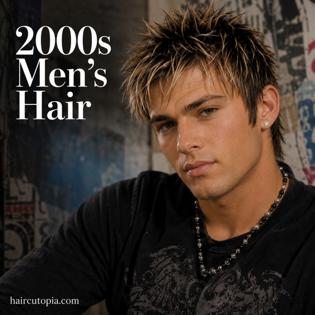 Man with an iconic 2000s hairstyle featuring frosted tips, textured spikes, and a classic Y2K-inspired haircut.