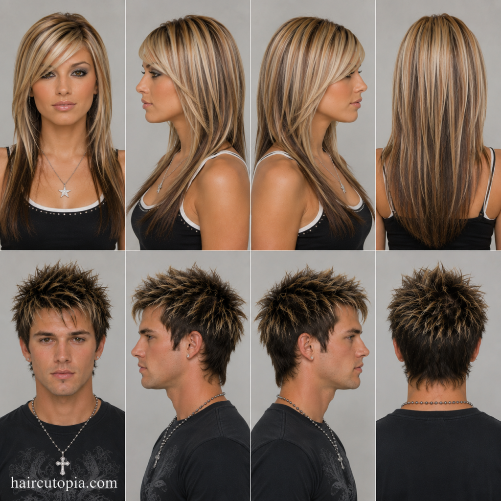 Front, left, right, and back views of a woman and man showcasing iconic 2000s popular styles with layered hairstyles, chunky highlights, side-swept bangs, and classic Y2K-inspired looks.