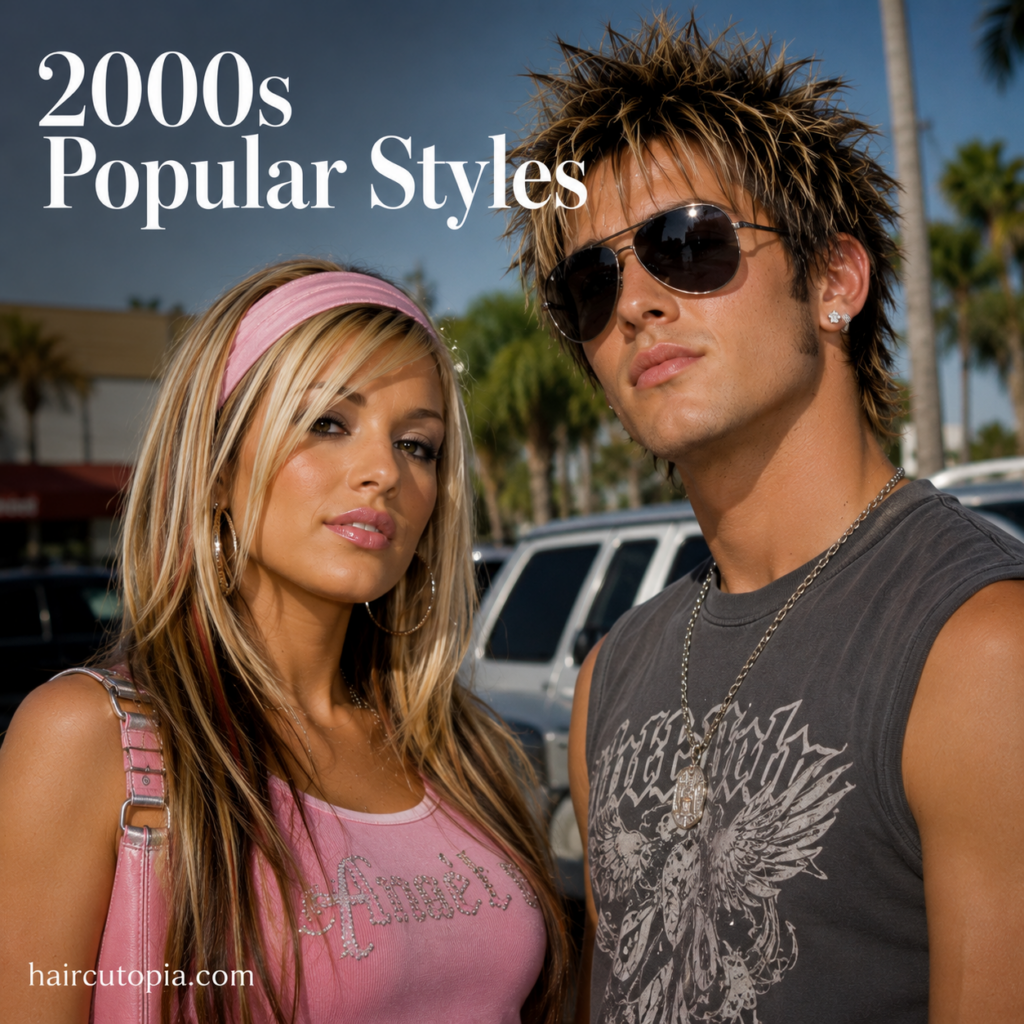 Man and woman showcasing iconic 2000s popular styles with Y2K fashion, layered hairstyles, chunky highlights, and classic early-2000s accessories.