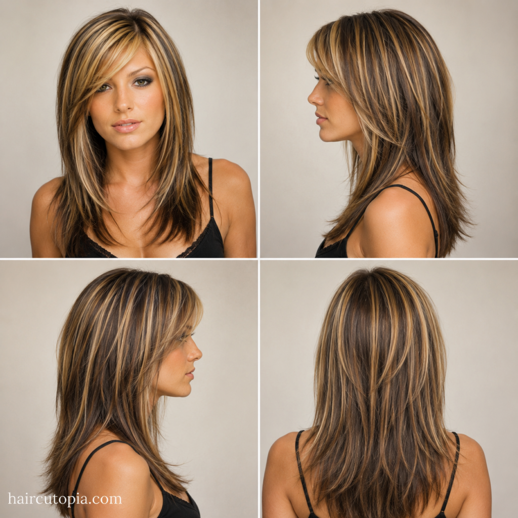 Front, left, right, and back views of a woman with iconic 2000s hair featuring long layered hair, side-swept bangs, chunky highlights, and classic Y2K styling.