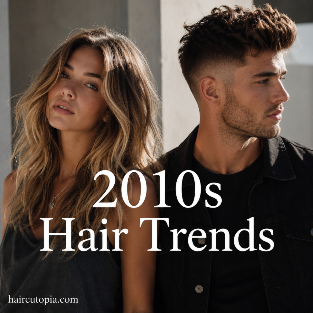 Man and woman showcasing popular 2010s hair trends including beach waves and a textured fade