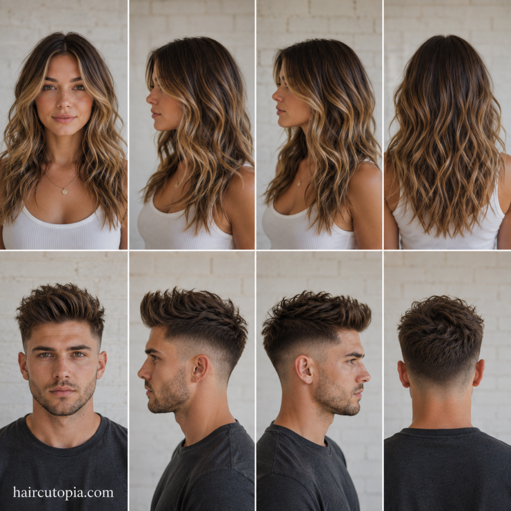Front, left, right, and back views of popular 2010s hair trends for a woman and a man