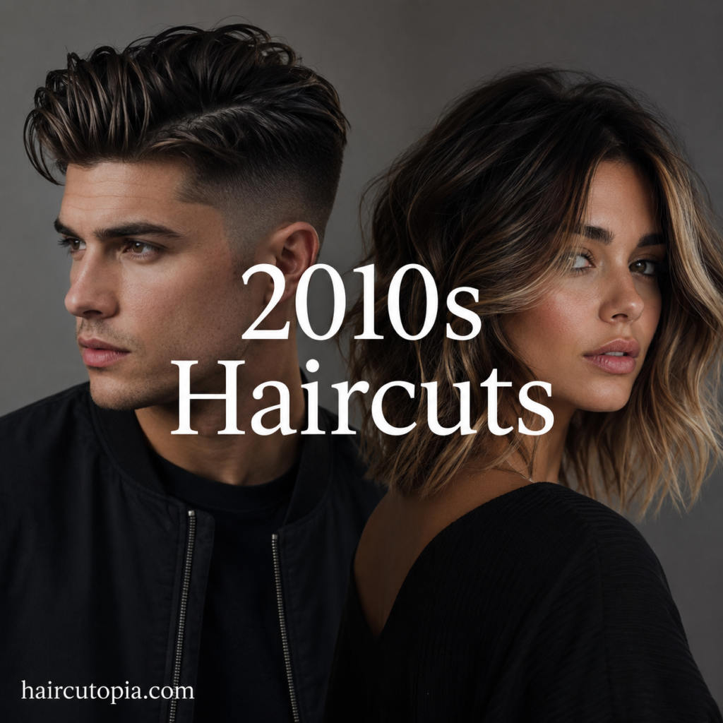 Man and woman showcasing iconic 2010s haircuts including a fade and textured lob