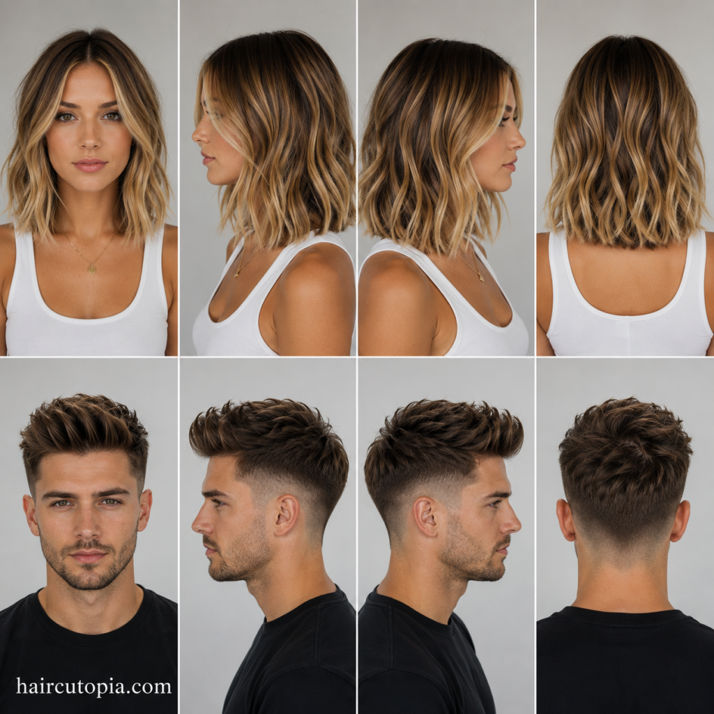 Front, left, right, and back views of 2010s hairstyles featuring a woman with a wavy balayage lob and a man with a textured fade haircut.