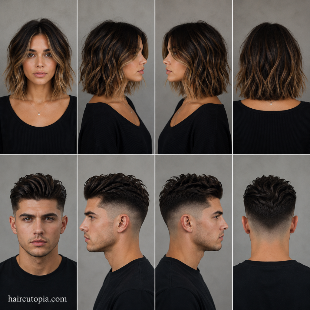 Front, left, right, and back views of iconic 2010s hairstyles for a woman and a man
