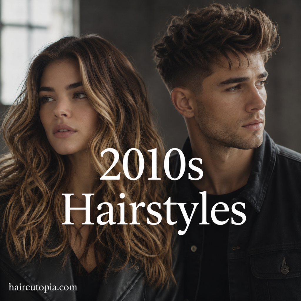 Man and woman showcasing iconic 2010s hairstyles with textured waves and a modern fade