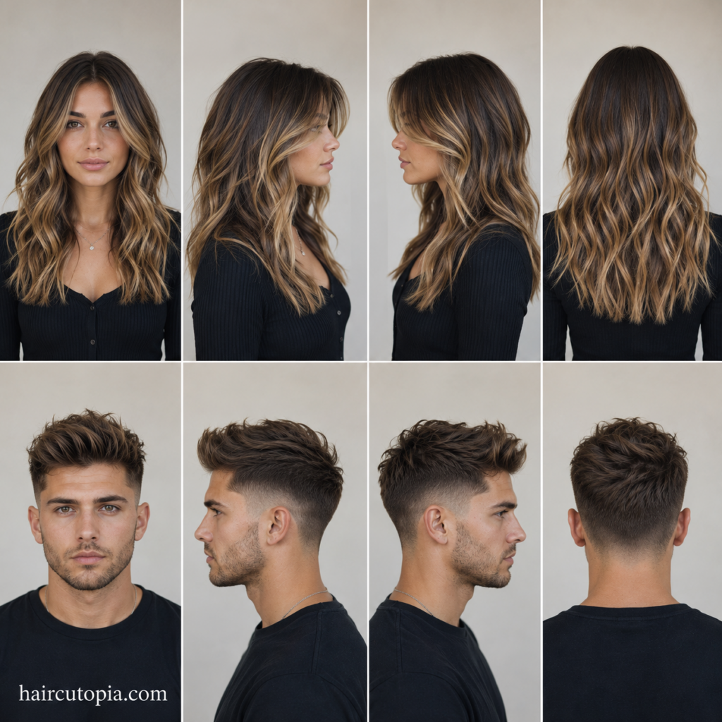 Front, left, right, and back views of iconic 2010s hairstyles for a woman and a man
