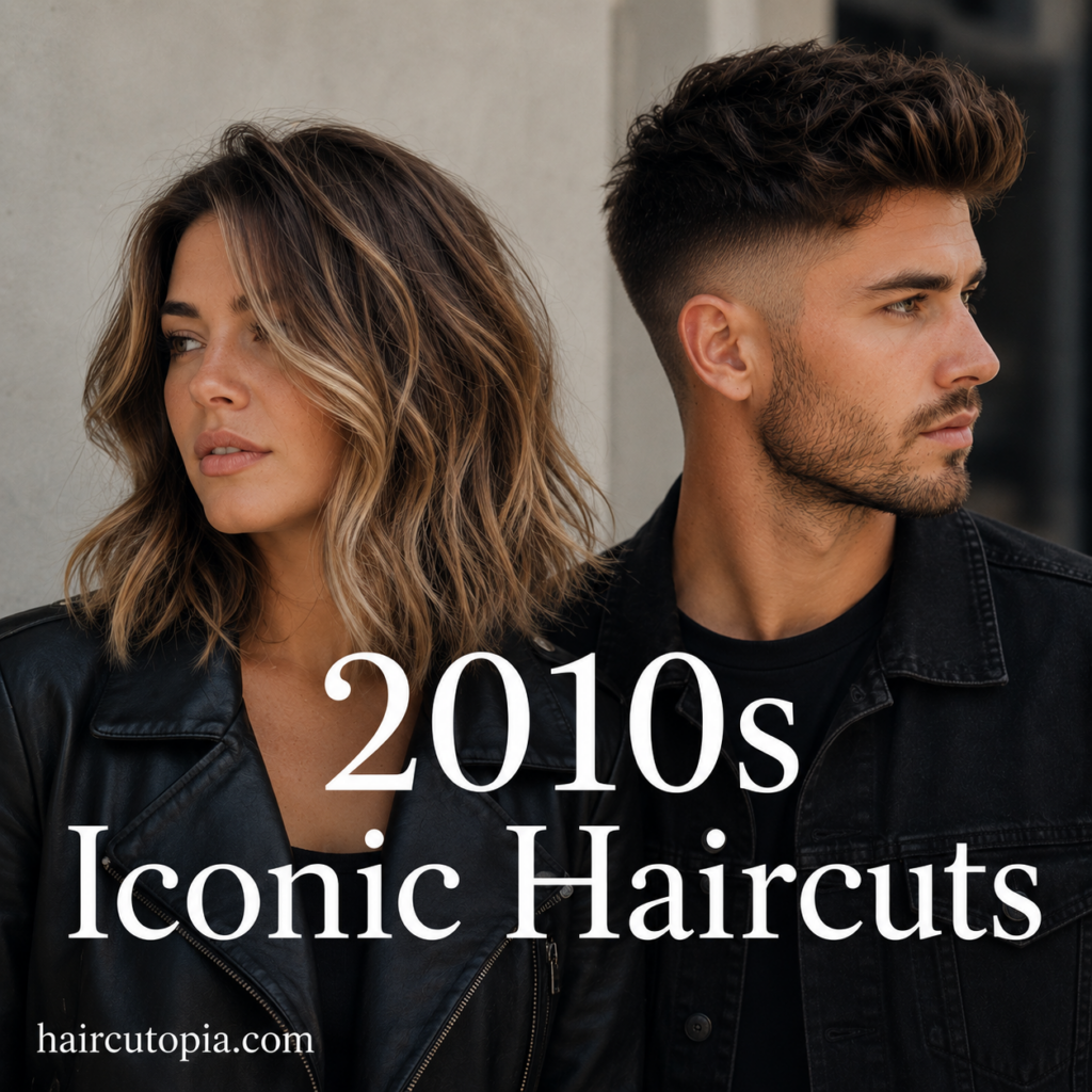 Man and woman showcasing iconic 2010s haircuts with a textured lob and modern fade
