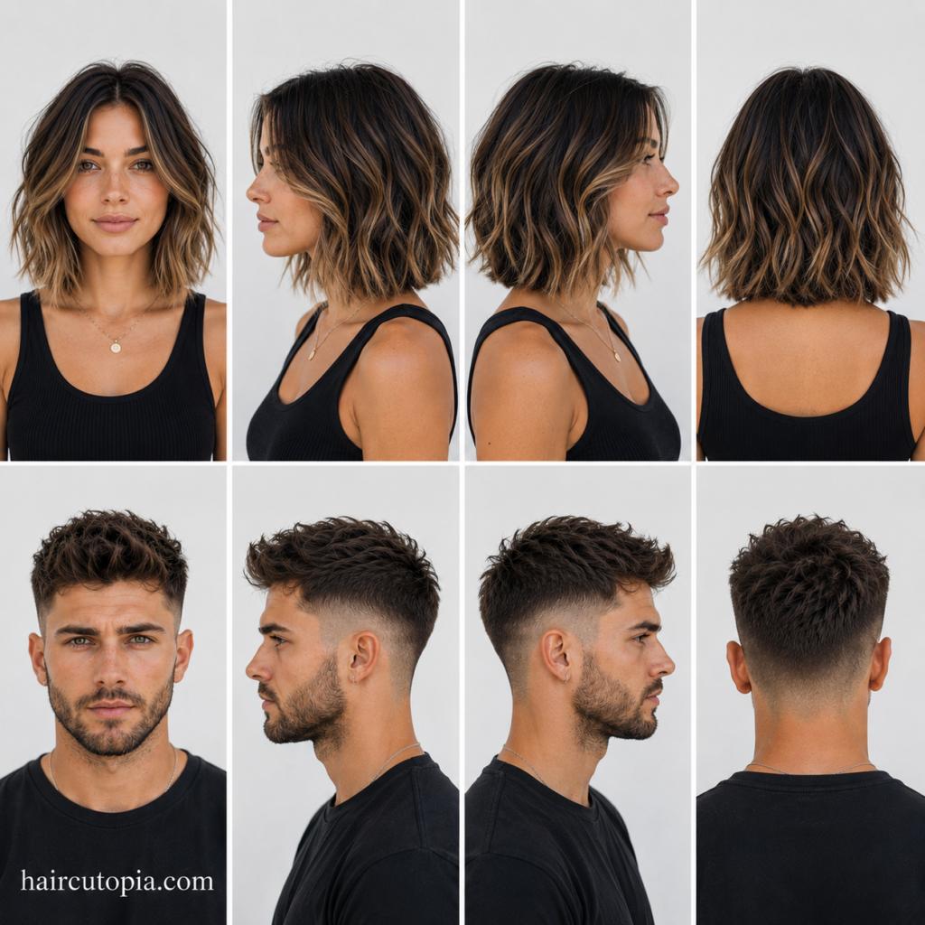 Front, left, right, and back views of iconic 2010s haircuts for a woman and a man