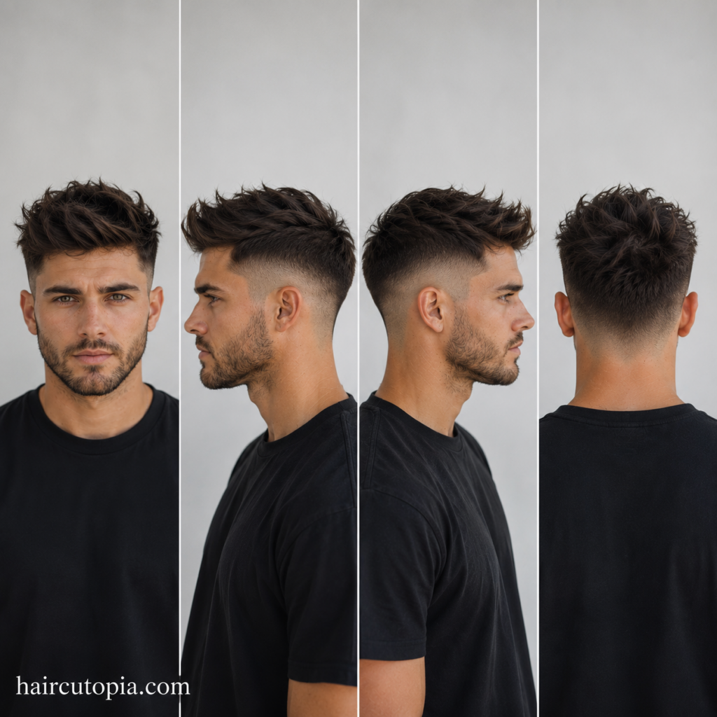 Front, left, right, and back views of a 2010s men's textured quiff haircut with a skin fade