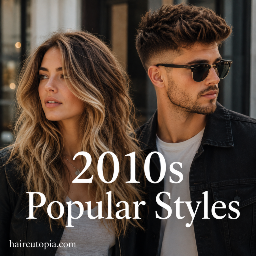 Man and woman showcasing popular 2010s hairstyles including beach waves and a textured fade